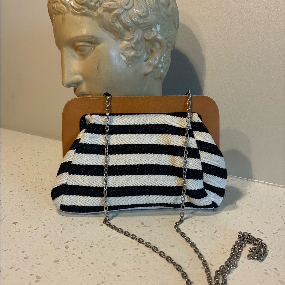 Striped Black and White Chain Clutch